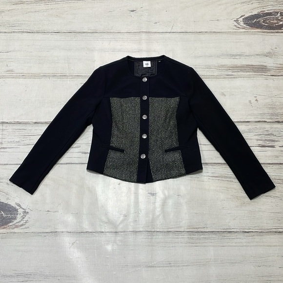 Cabi Jacket Women's Medium Green Black Mixed Media Blazer Cropped Snap Buttons - Picture 11 of 15